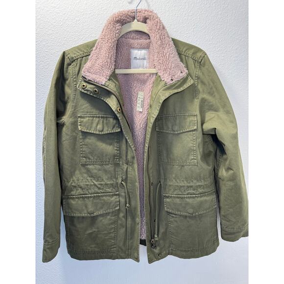 Madewell Fleece Sherpa Utility Field Jacket Barn Coat Pink Green Olive Cotton M - Picture 1 of 10